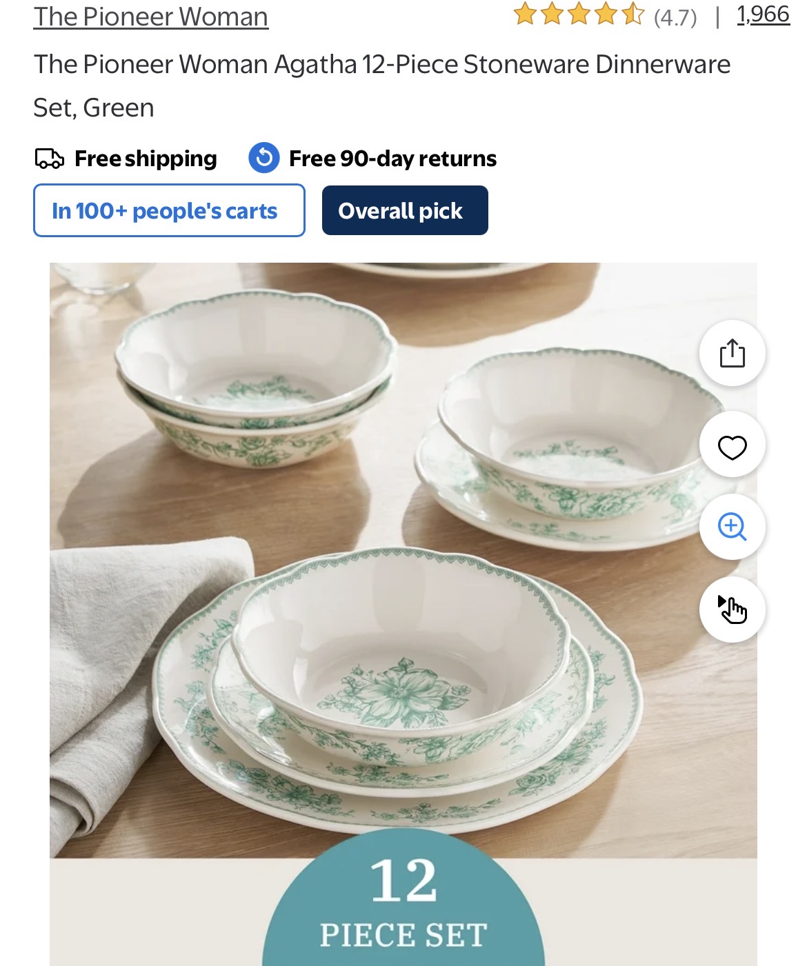 The Pioneer Woman Agatha 12-Piece Stoneware Dinnerware Set, Green #H7