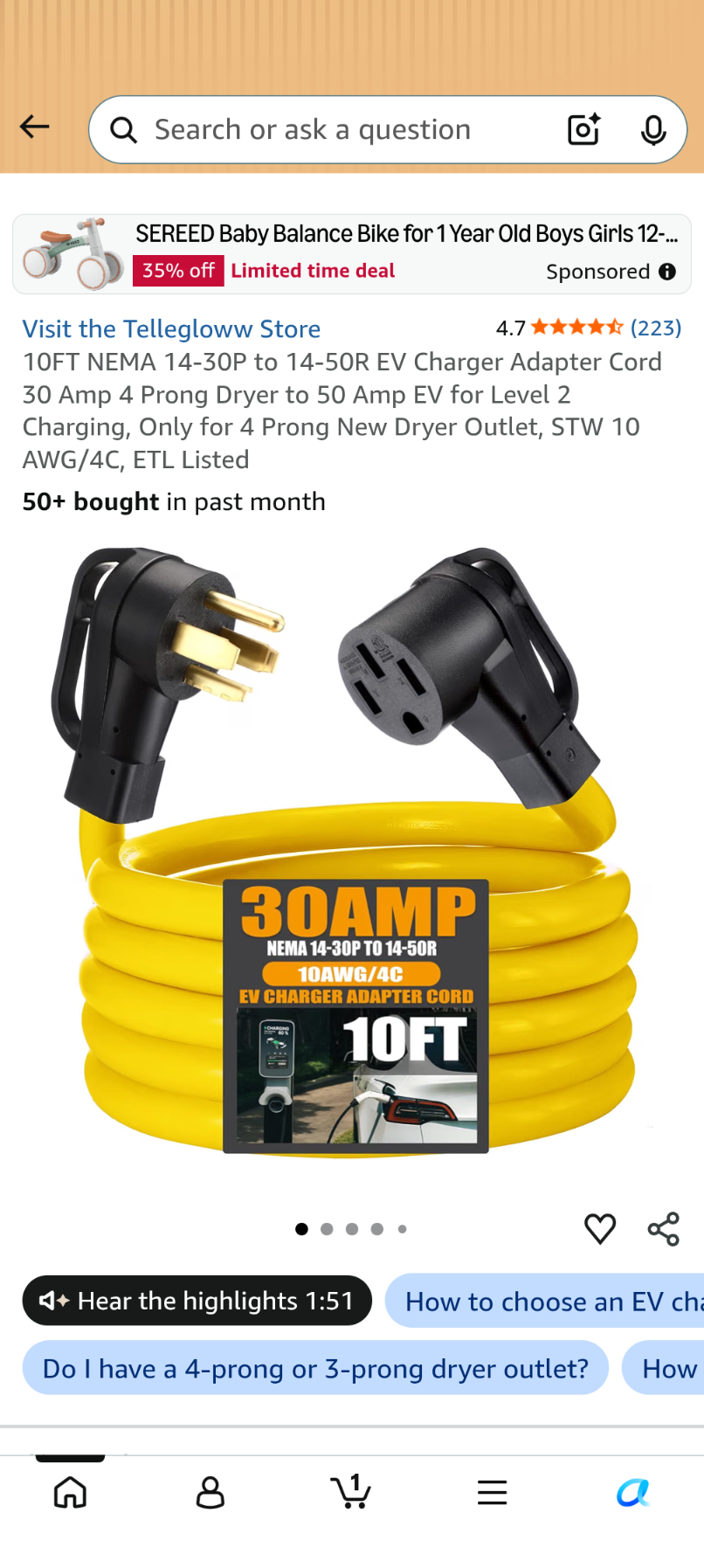 A042 10FT NEMA 14-30P to 14-50R EV Charger Adapter Cord 30 Amp 4 Prong Dryer to 50 Amp EV for Level 2 Charging,