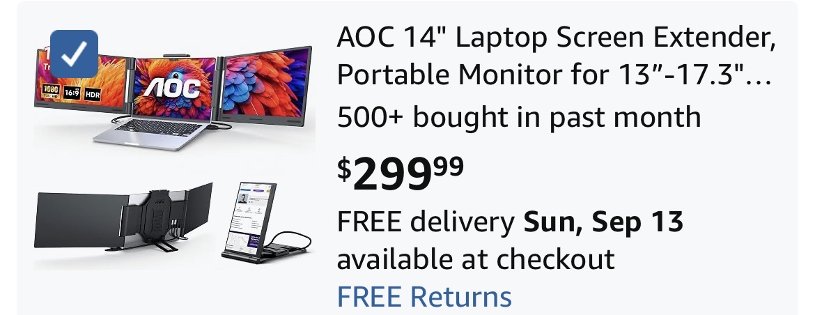 AOC 14" Laptop Screen Extender, Portable Monitor for 13”-17.3" Laptops #A8
