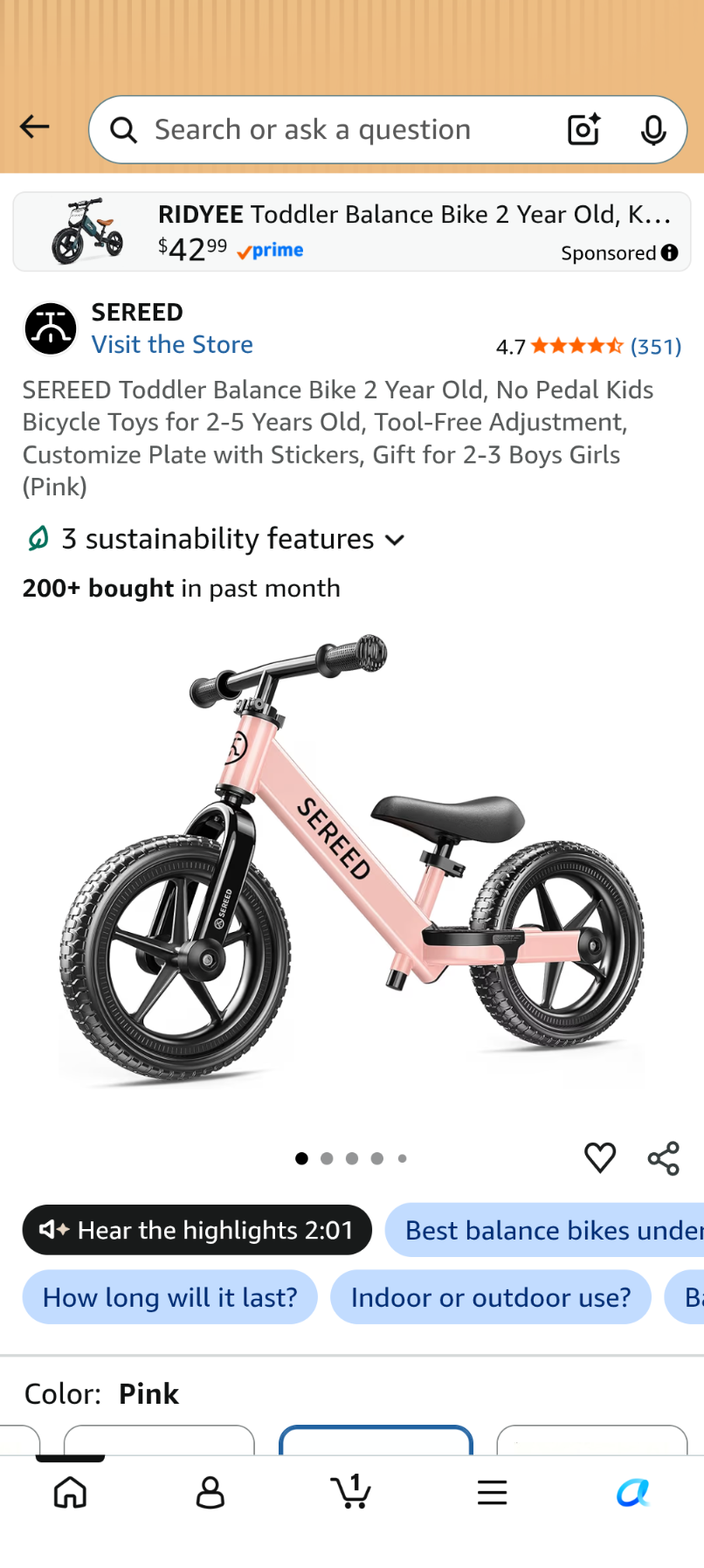 A041 SEREED Toddler Balance Bike 2 Year Old,