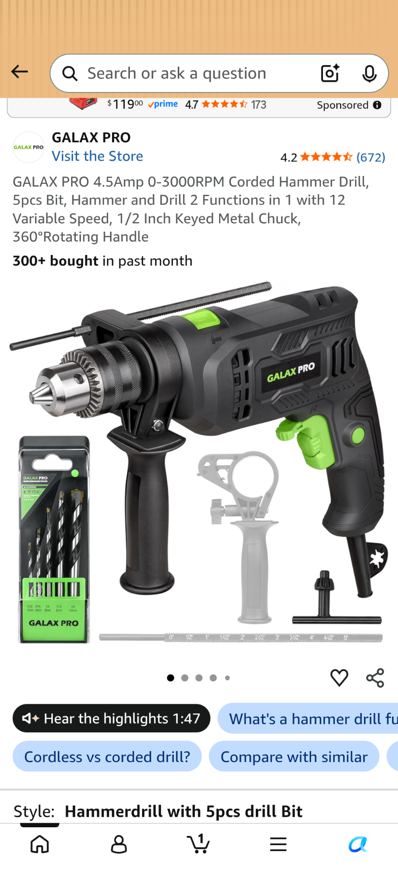 A034 GALAX PRO 4.5Amp 0-3000RPM Corded Hammer Drill,